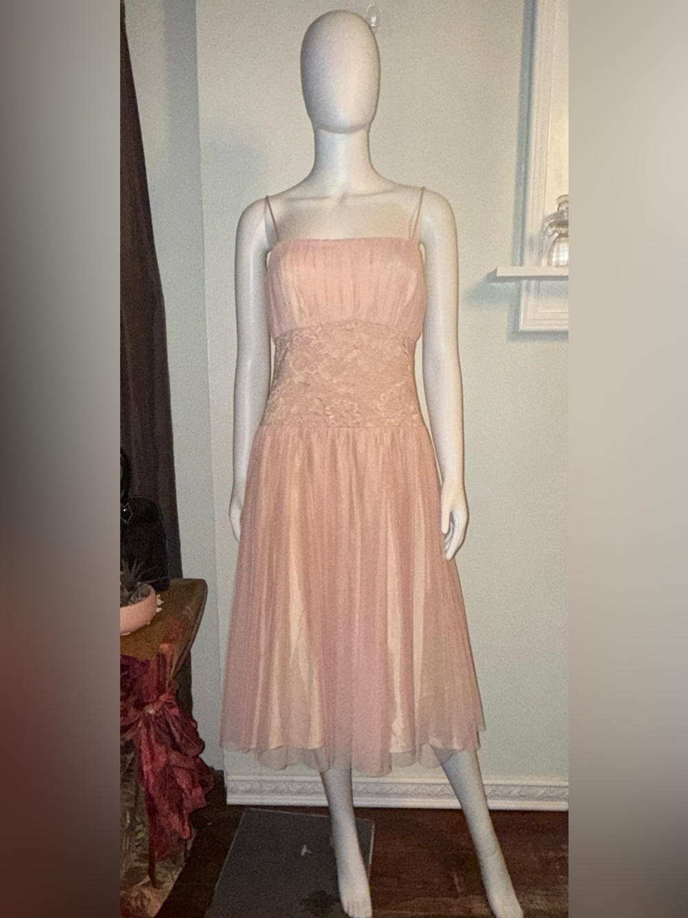 OC by Oleg Cassini Blush Pink Midi Tulle Dress with Lace Bodice